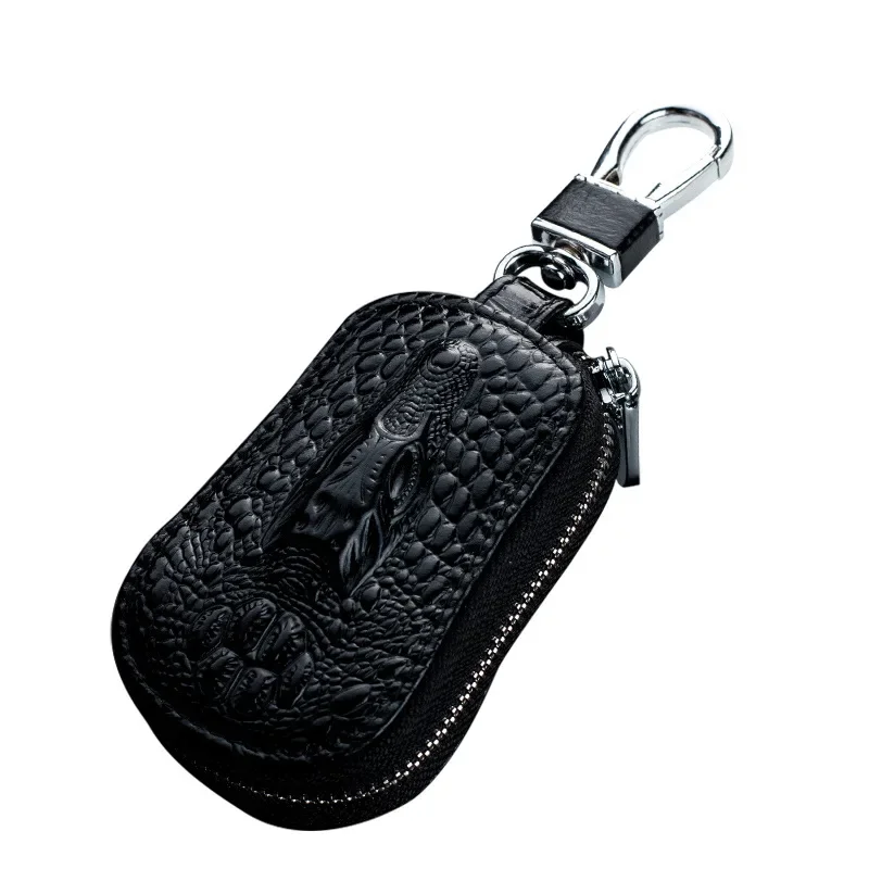 Genuine Leather Crocodile Pattern Zipper Cover Cowhide Car Key Wallet Case Mini Waist Trailer Key Bag Unisex with Metal Buckle