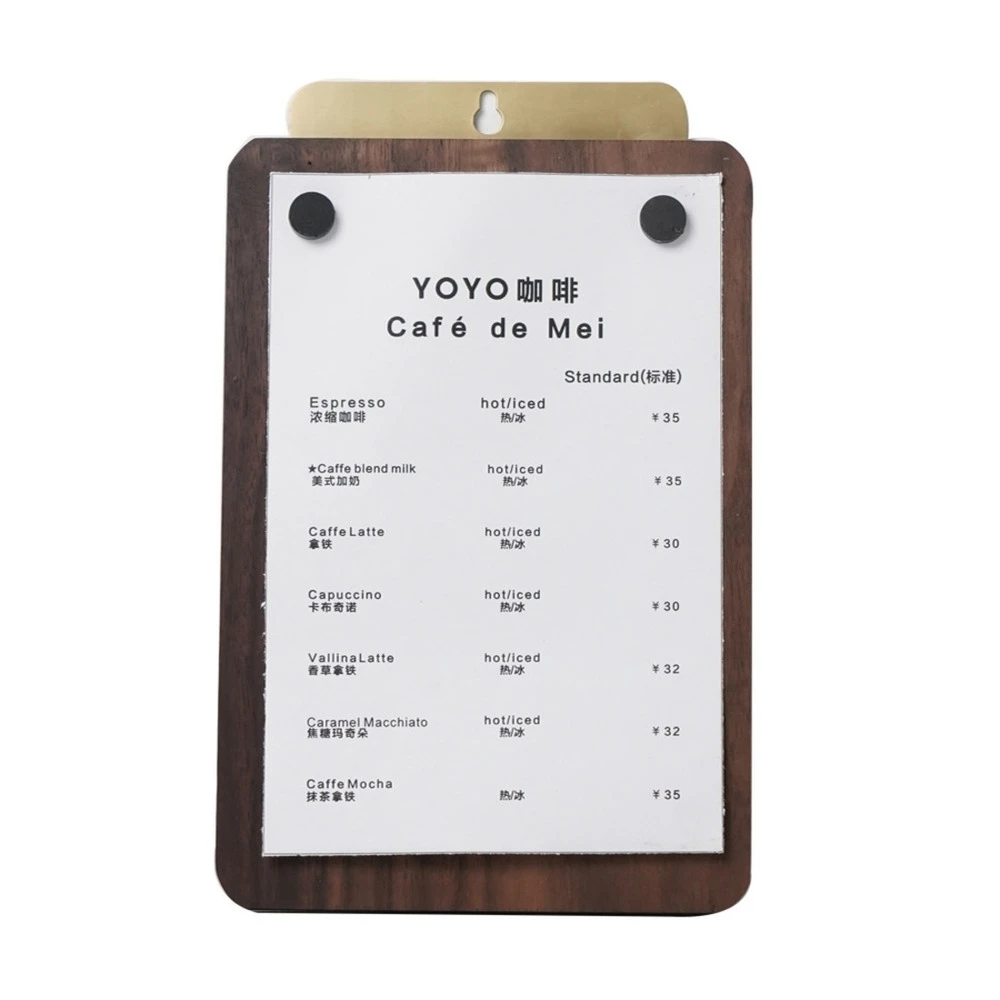 Original Design Brass Coffee Shop Magnetic Suction Menu Clip Store Solid Wood Table Label Holder Bill Writing Folder Board