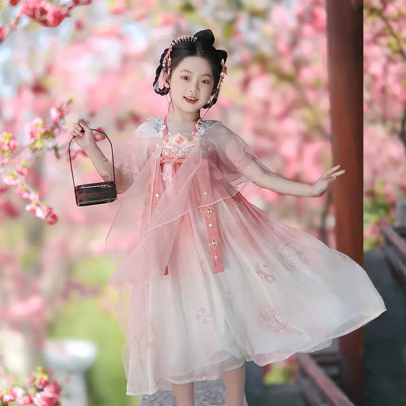 Robe brodée mignonne de princesse de la dynastie Tang chinoise Hanfu pour enfants, été chaud