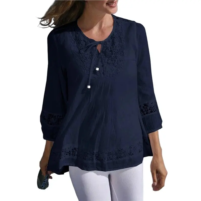 

Женские рубашки ABRT с рукавом 3/4, хлопково-льняные топы с короткими рукавами, V-образный вырез, повседневные свободные блузки, темно-синие, 5XL
