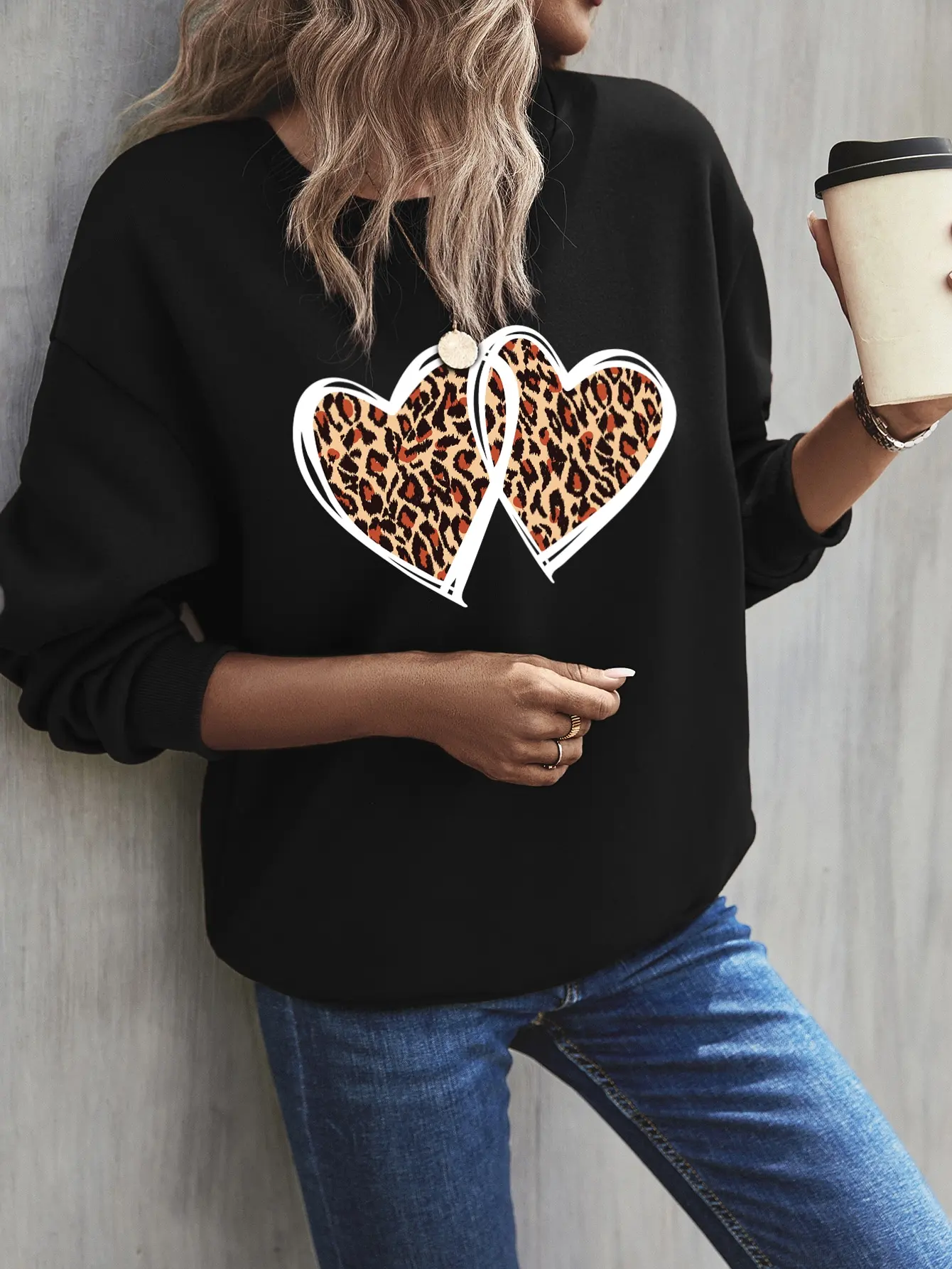 Intersecing Leopard Pattern Love Prints felpe da donna felpe larghe Hip Hop felpe in pile cartoni animati abbigliamento Street New pullover