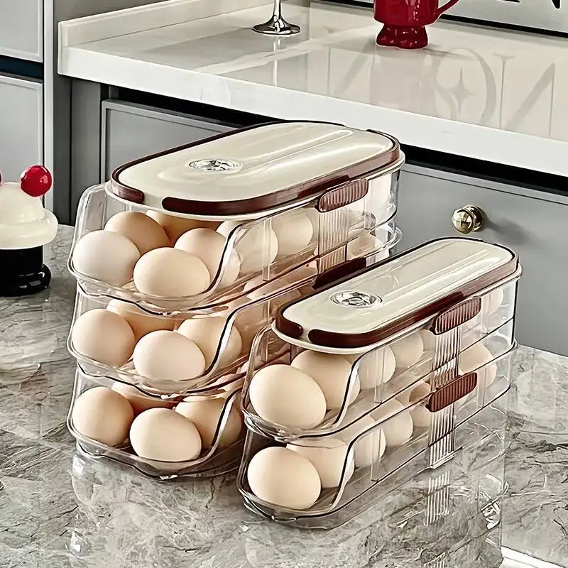 

Household Multi-Layer Automatic Rolling Storage Box Kitchen Rack Tray Refrigerator Timing Special Egg Carton