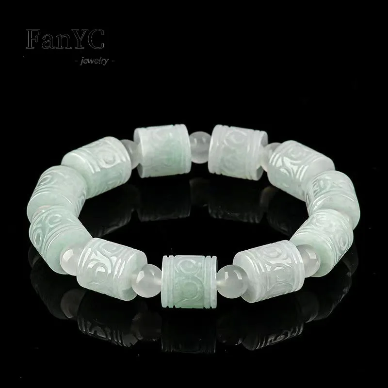 Myanmar Jadeite Engraved Flower Barrel Beads Bracelet Hand-carved Exquisite Luxury Ice Jade Bracelet Men and Women Holiday Gift