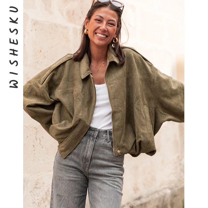 

Women's Bomber Jackets Coats Fashion Turn-down Collar Long Sleeve Loose Coats Vintage Female Outerwear Chic Tops