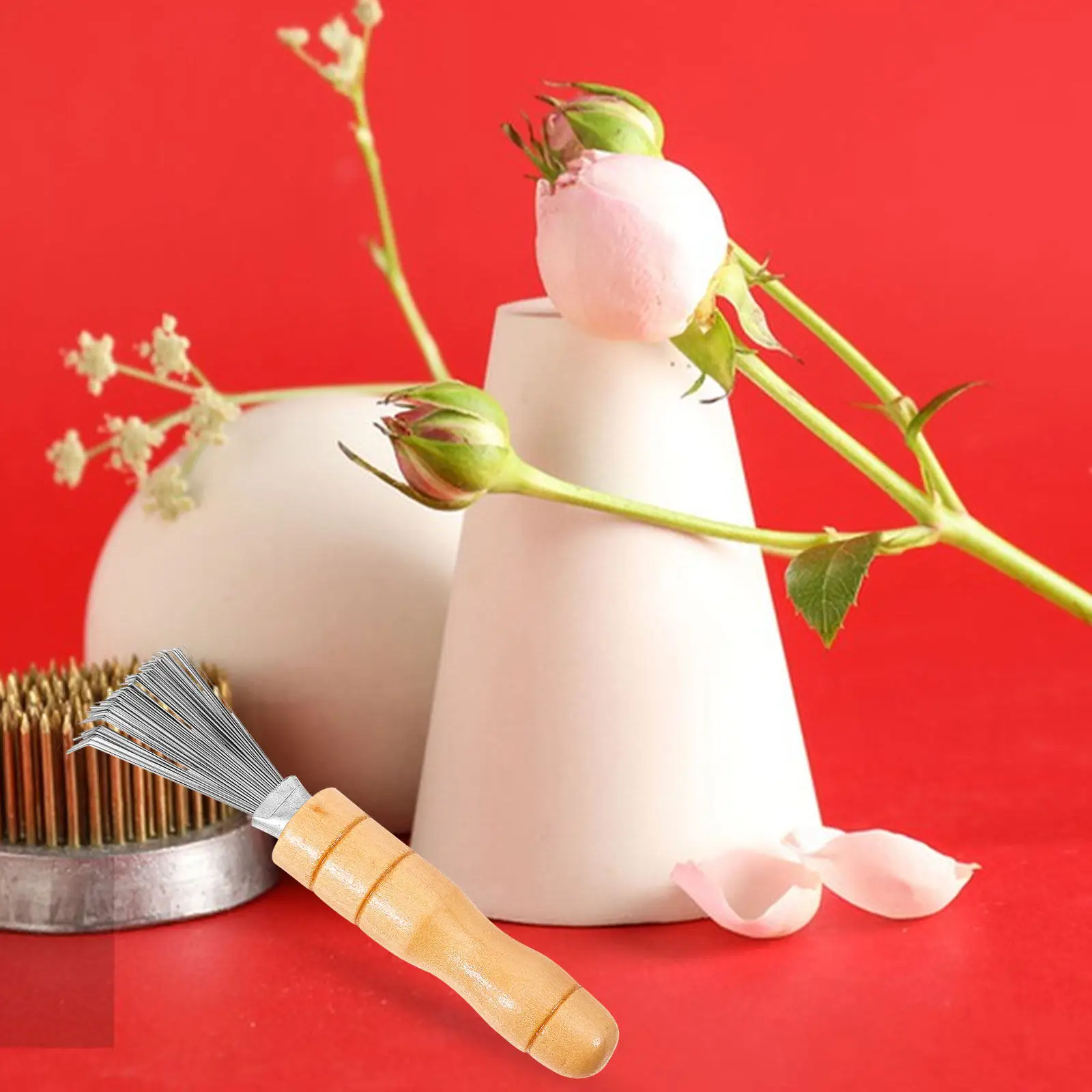 Kenzan Cleaning Tool Stainless Steel Rake with Natural Wood Handle Flower Arrangement Cleaner Floral Frog Cleaning Rake Japanese