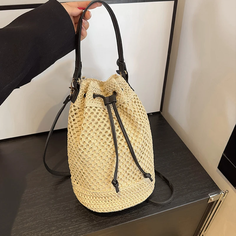 Ins Woven Stroh Eimer Tasche Frauen Sommer Strand Umhängetasche Damen Retro Kordelzug Reise Schulter Taschen für Urlaub