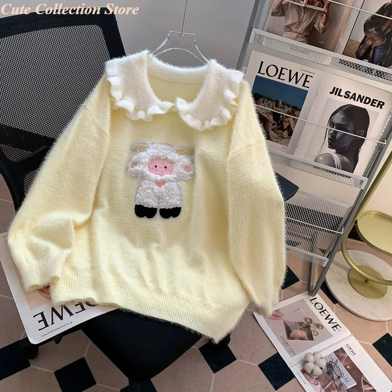 

Autumn Winter Warm Lolita Cute Knitted Cardigan Women Sweet Jacquard Snowman Loose Sweater Korean Female Kawaii Knitwear Coat
