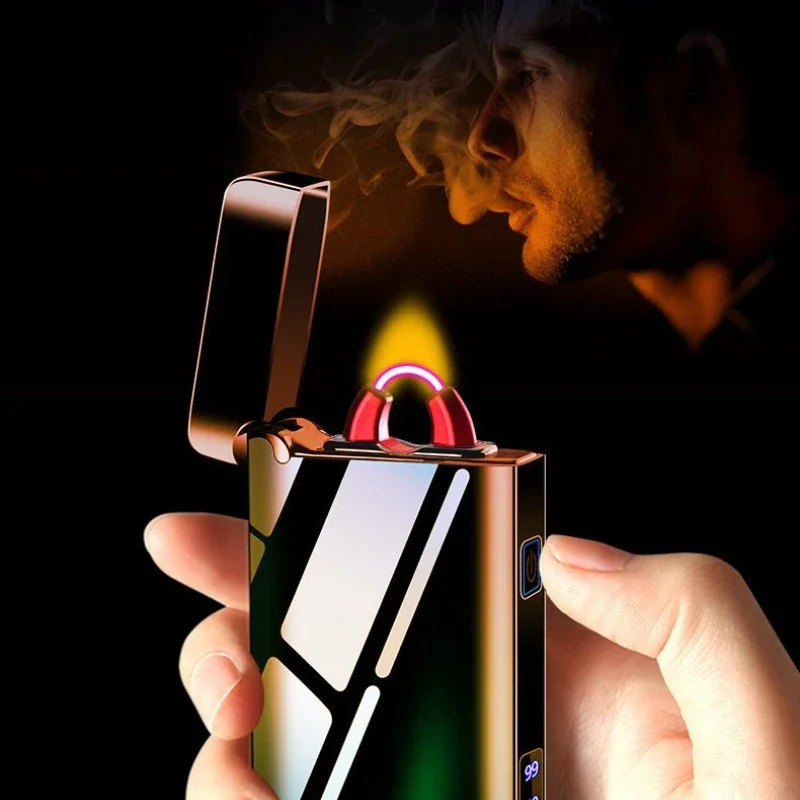 Metal Arc Flame Lighter USB Rechargeable Plasma Flameless Lighter Power Display LED Flashing Light Cigar Lighter Gadgets For Men