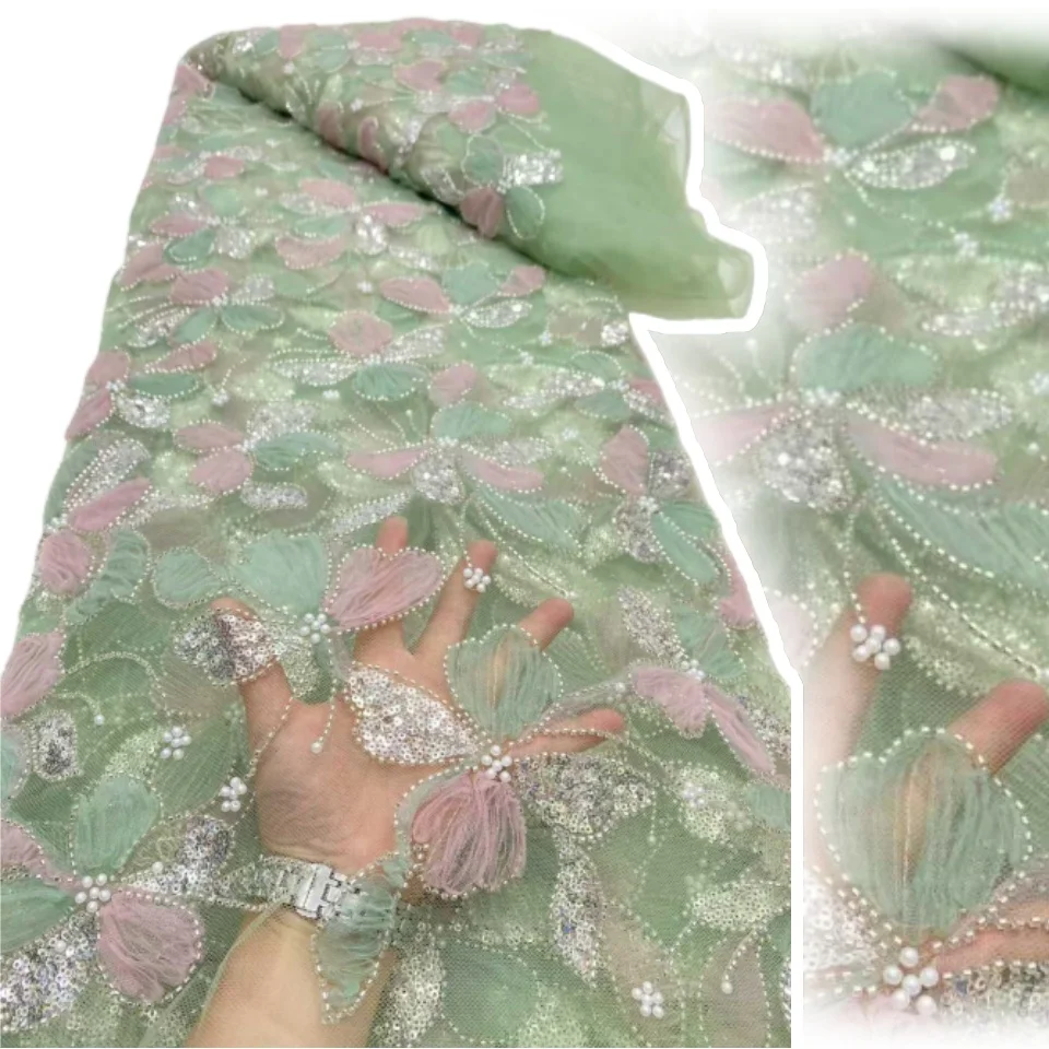 Venda quente design requintado nigeria 2025 malha bordado lantejoulas renda líquida com grânulo qualidade superior para festa vestido de noite sz1710