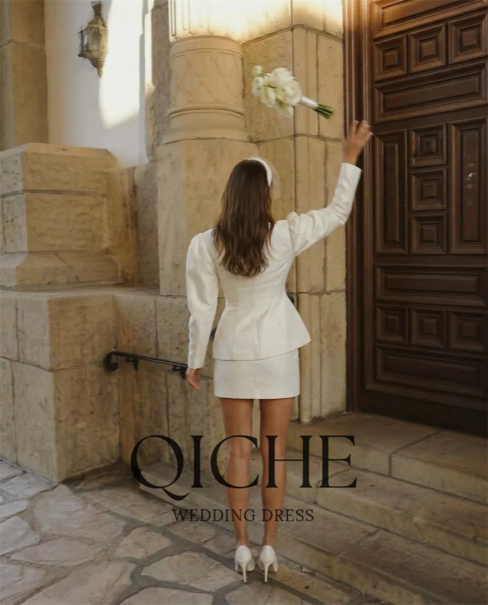 QICHE Modern Satin Short Wedding Dress 2026 Sheath Long Sleeves V-Neck Pleat Buttons Bridal Gowns Customized Vestidos De Novia
