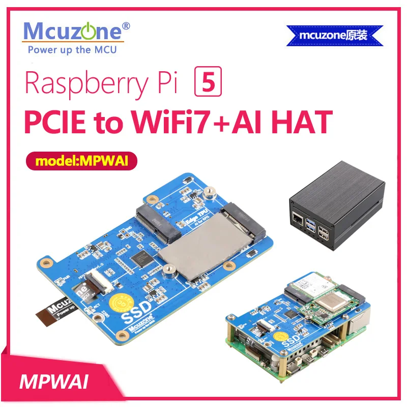 MPWAI,Raspberry Pi 5 PCIE to WiFi7+AI HAT，AI for RPi5 (Hailo-8), WiFi7 (BE200),support RPi OS