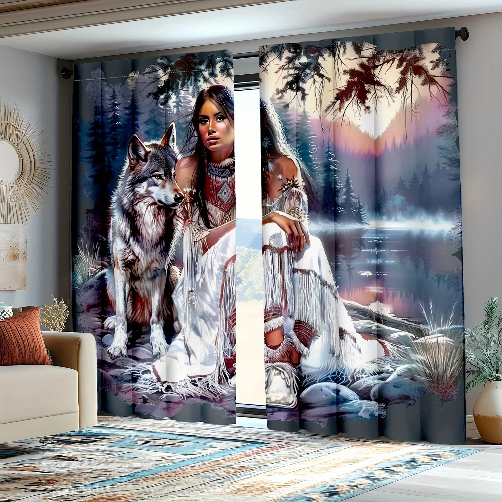 2pcs Native American Girl Wolf Curtains Blackout Drapes for Living Room Spiritual Decor Forest Animal Print Window Treatment