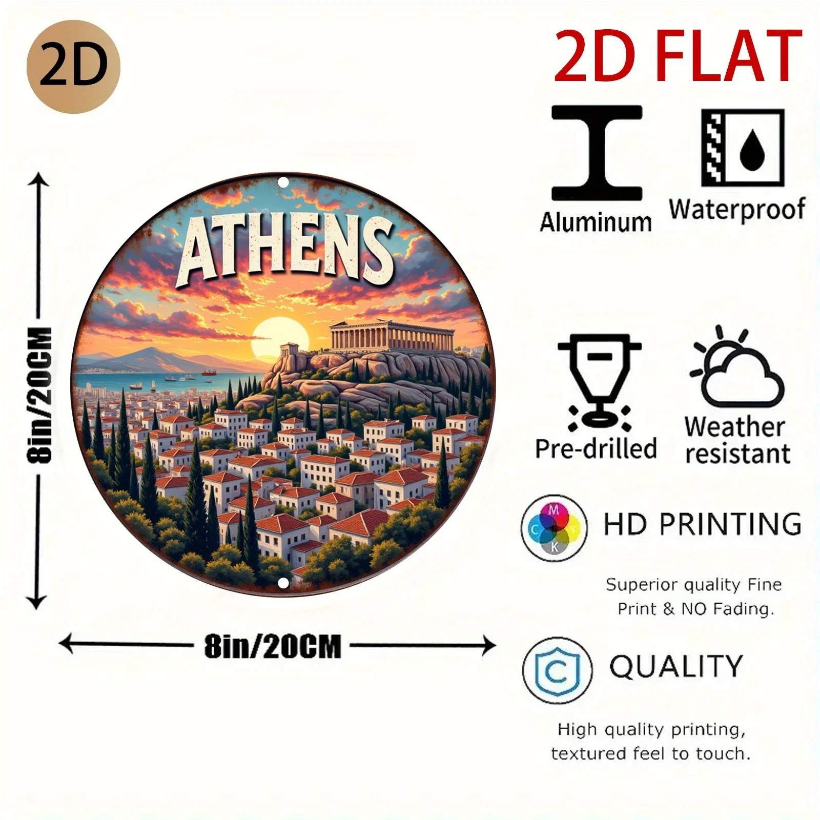2D Flat Athens Greece Acropolis Sunset Round Metal Decor Sign