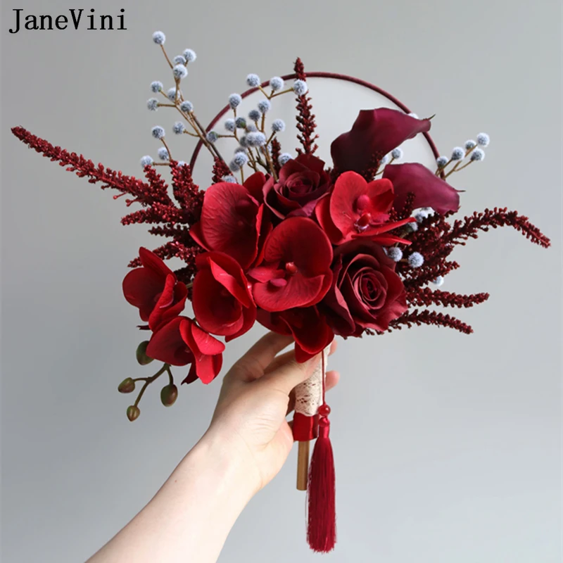 JaneVini Chinese Style Red Bridal Flowers Hand Fan Artificial Moth Orchid Rose Bride Wedding Fan Decoration bouquet de la mariée