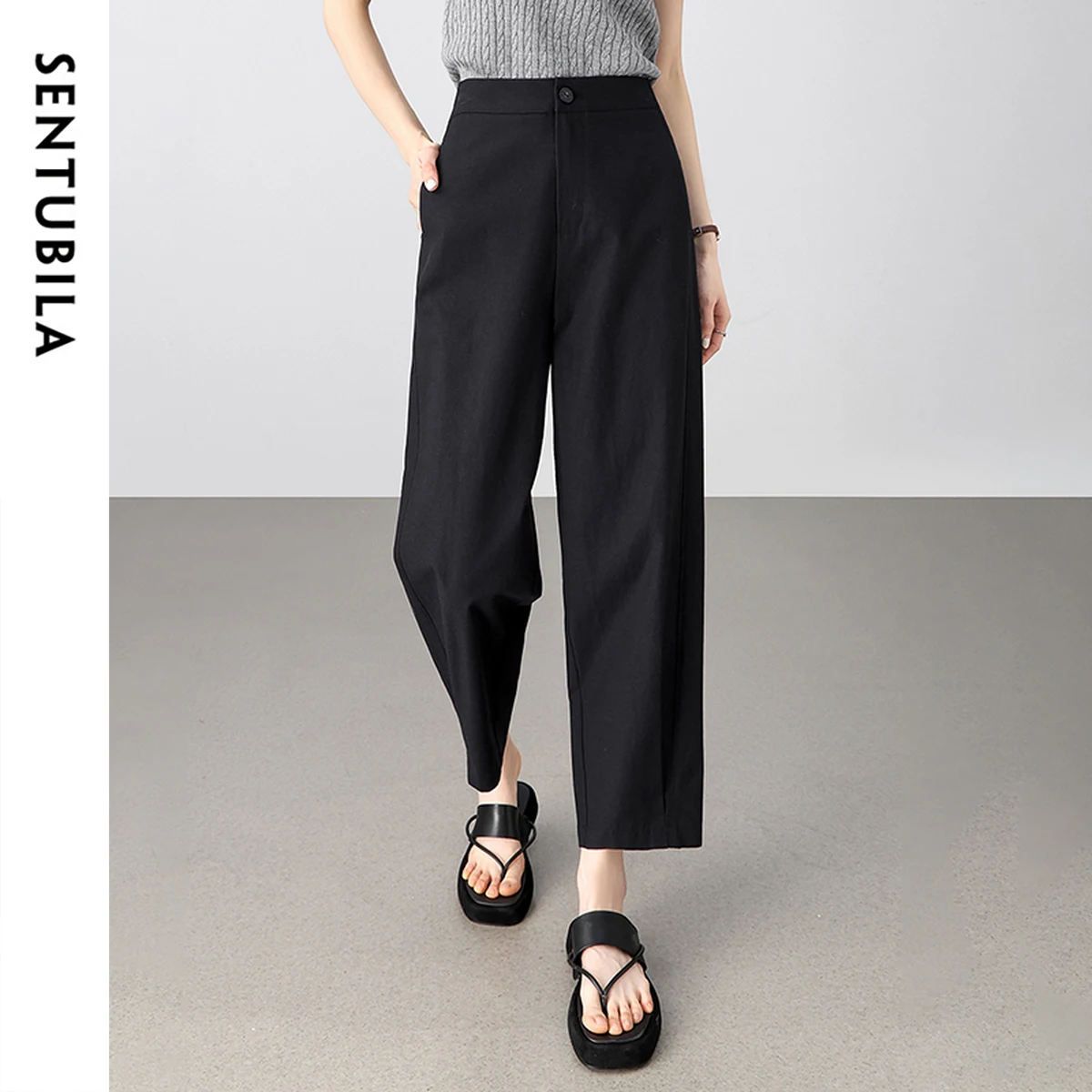 SENTUBILA Comfortable Dark blue Pants For Ladies 2025 New Commuting Slim Elastic High Waisted Pants For Women's Party 152K57196