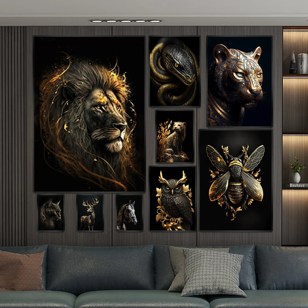 MINISO Wall Art Poster Canvas Painting Home Decor Metallic Poster, Nordic, Deer, Tiger, Wolf, Swan，Black Gold Eagle Lion opulent