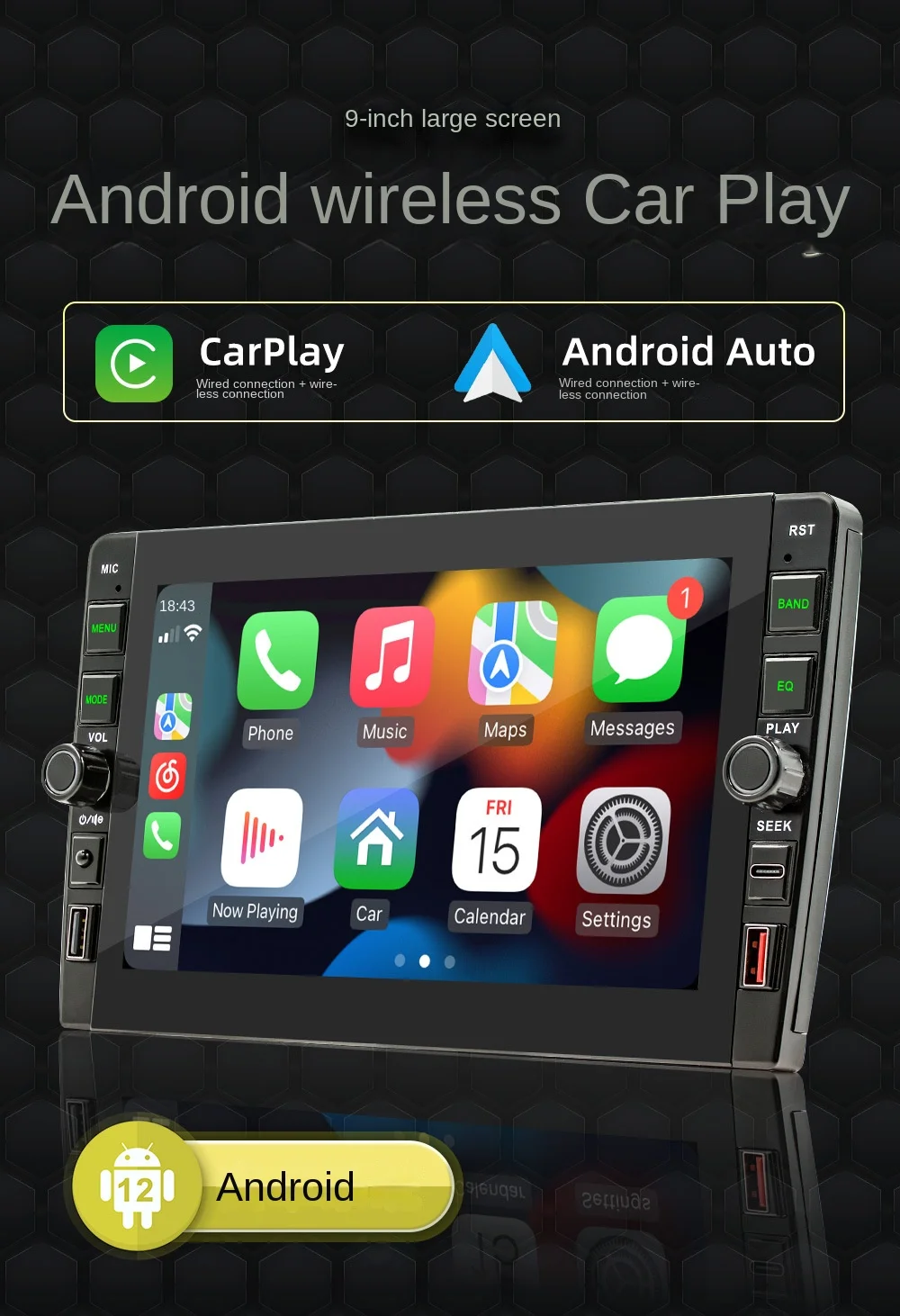 9 Inch Carplay Radio Dvd Player Front-USB Port Touch Screen A7 Chip 2 Din Android 12 Carplay Car Screen Gps Navigation