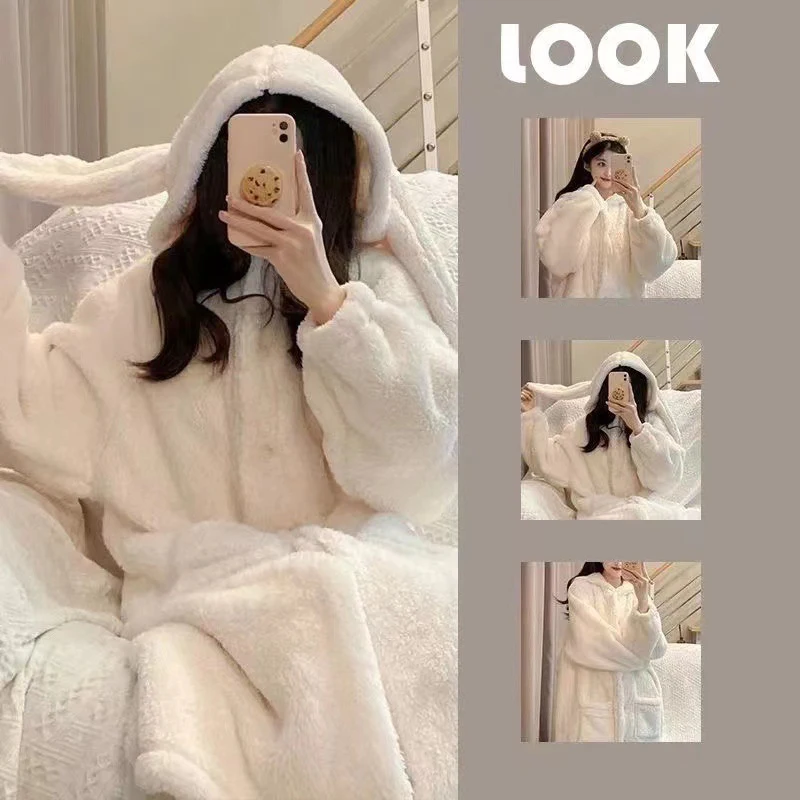 Rubbit Robe for Women Sleepwear Hooded Nightdress Winter Fleece Pajama Night Wears Warm One Piece Nightgown Long Sleeve Homewear