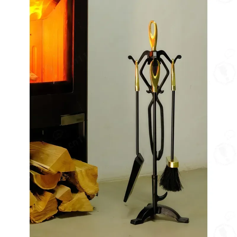 4 Piece Fireplace Tool Set with Ash Shovel Tongs and Poker for Real Fire Wood Burning Stove Cleaning Accessories Home Decor