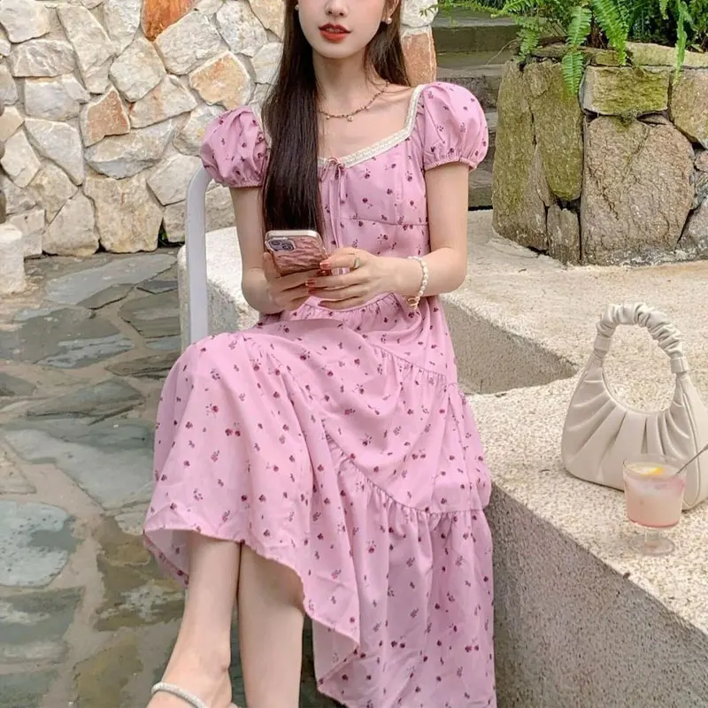 Sweet Broken Flowers Dresses Summer New French Style Fashionable Drawstring Female Lace Spliced Elegant Square Collar Midi Dress