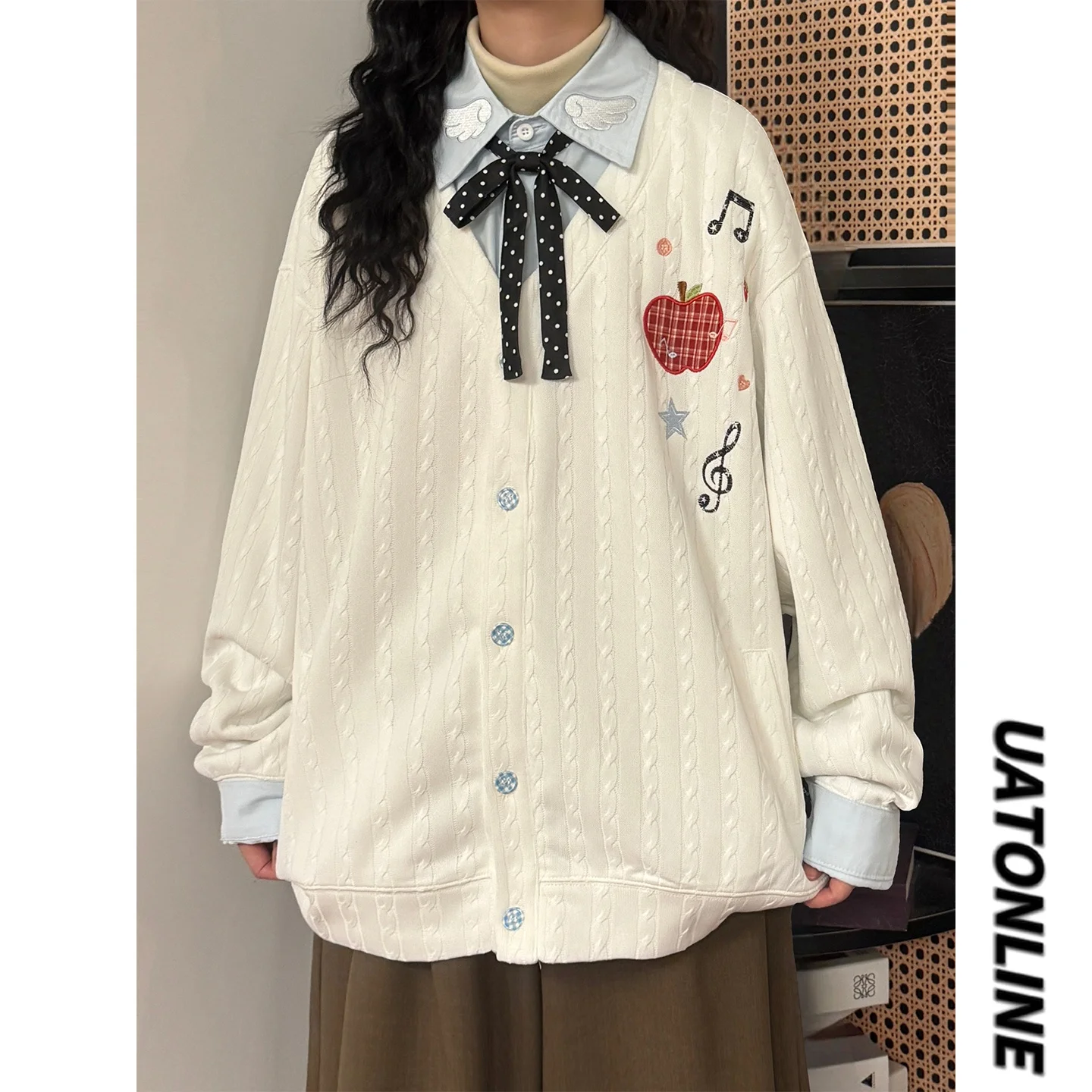 Korean Style Lazy College Wind  Neck Sweatshirt Knitted Fake Two-Piece Outerwear Autumn New Arrival Loose Fit Girls