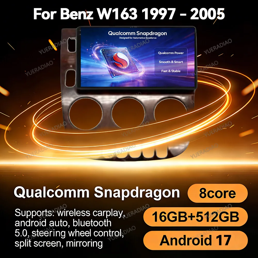 Android 17 Car Radio For Mercedes Benz M-Class W163 ML 1997 - 2005 Qualcomm 5G WIFI GPS Wireless Carplay Auto DSP Multimedia BT