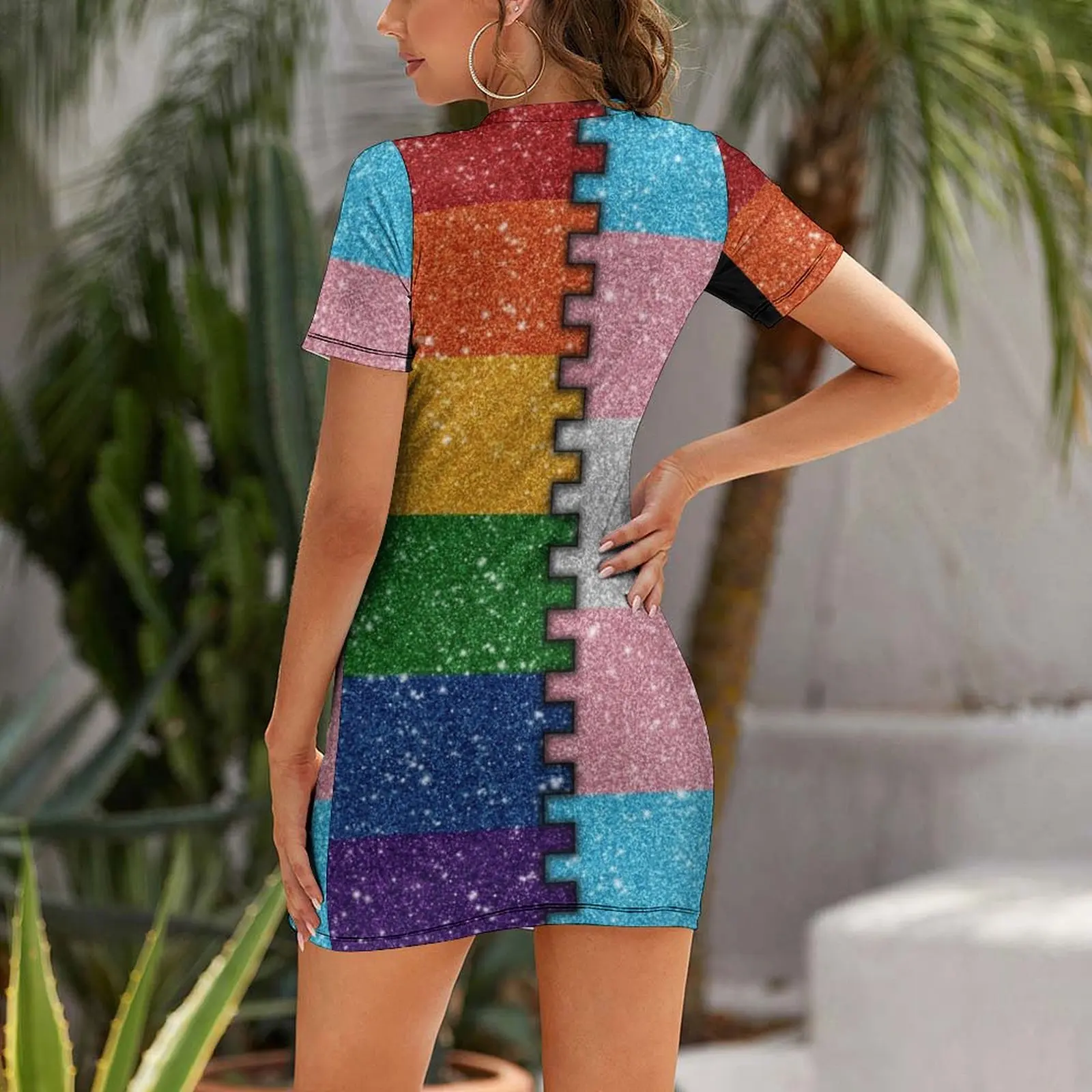 Faux Glitter LGBTQ Rainbow and Transgender Pride Merge Flag Background Short Sleeved Dress women's evening dresses 2025 Dress