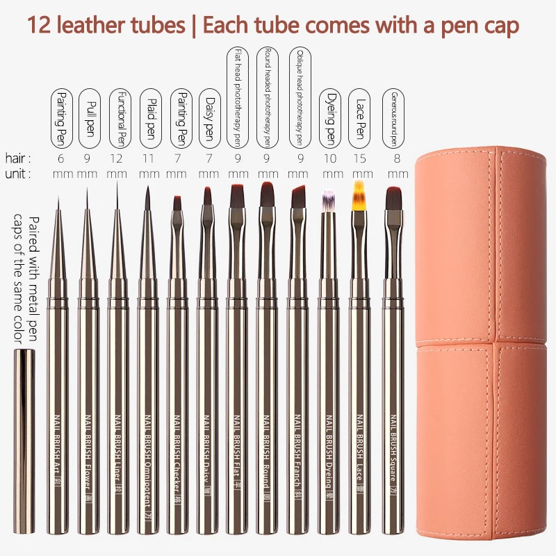 12PCS Professional Nail Brush Set Metal Shank, for Gel Polish Drawing French Ombre Building Design, Nail Supplies Kit