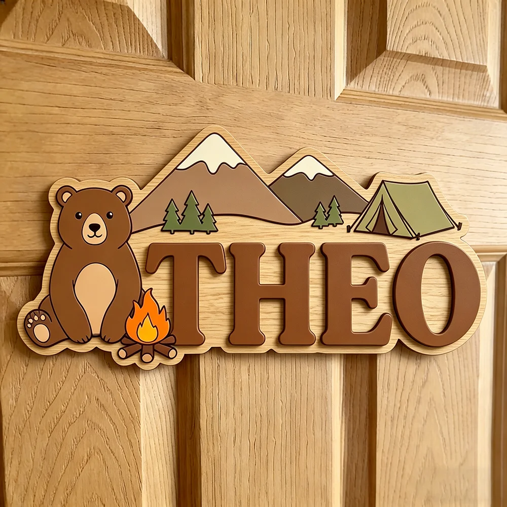 Personalized Bear & Mountain Name Sign for The Dearest Baby, Cute Neutral Brown Themed Kids Room Decor