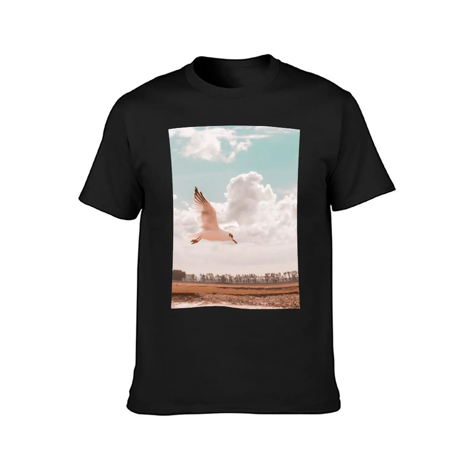 Flying bird at twilight, white seagull, sunset, nature photography, peach and turquoise sky, Landscape T-Shirt