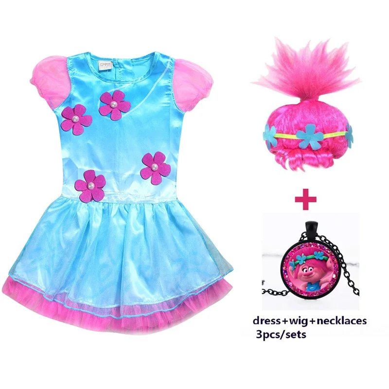 2020 girls dresses trolls poppy cosplay costume dress for girls streetwear Halloween clothes kids necklace wig fancy girl dress