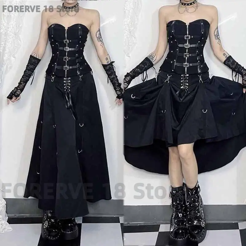 Black Gothic A-Line Long Skirt High Waist Asymmetry Ruffle Hem Skirt Metal Buckle Sexy Gyaru Design Sense Woman Clothing ﻿