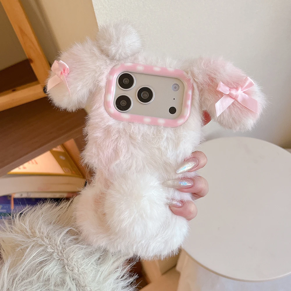 Niedliche Hasen-Softcase für iPhone 13 14 15 Plus 16 17 Pro Max Lustige 3D Winter Warme Künstliche Kaninchenfell Stoßfeste Hülle – Detail 2