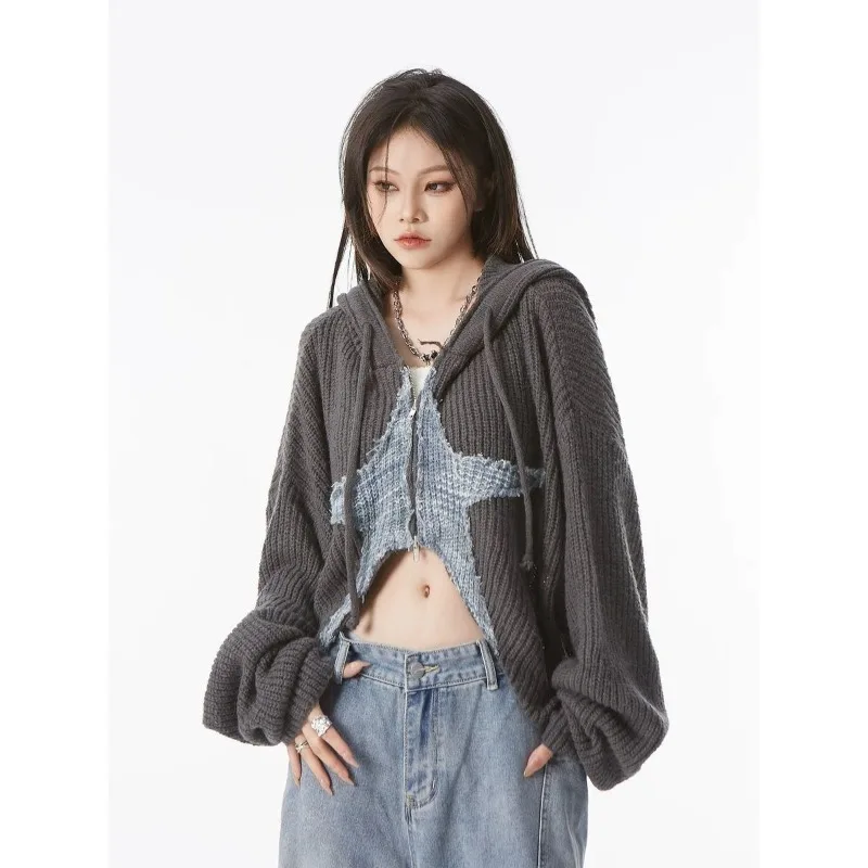 Deeptown Y2k Grunge Women\'s Sweater Zip Up Cardigan Crop Knitwear Star Hooded Hip Hop Kint Autumn Oversize Streetwear Gyaru