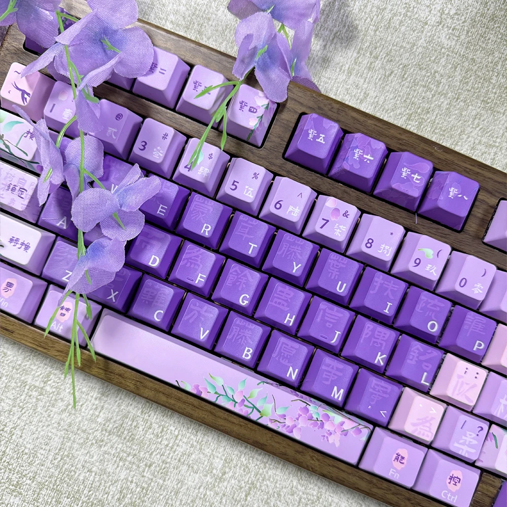 141Keys Linyuan Wisteria National Style Keycaps Cherry Wisteria Keycaps Chinese Style Characters Light Purple Gradient Keycaps