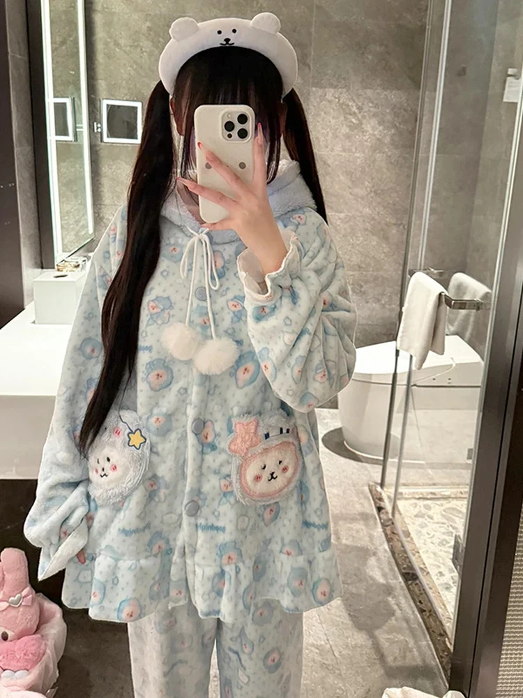 cute-hooded-sleepwear-women's-thickened-coral-fleece-winter-home-clothes-set-warmth-plush-long-sleeve-open-cardigan-style