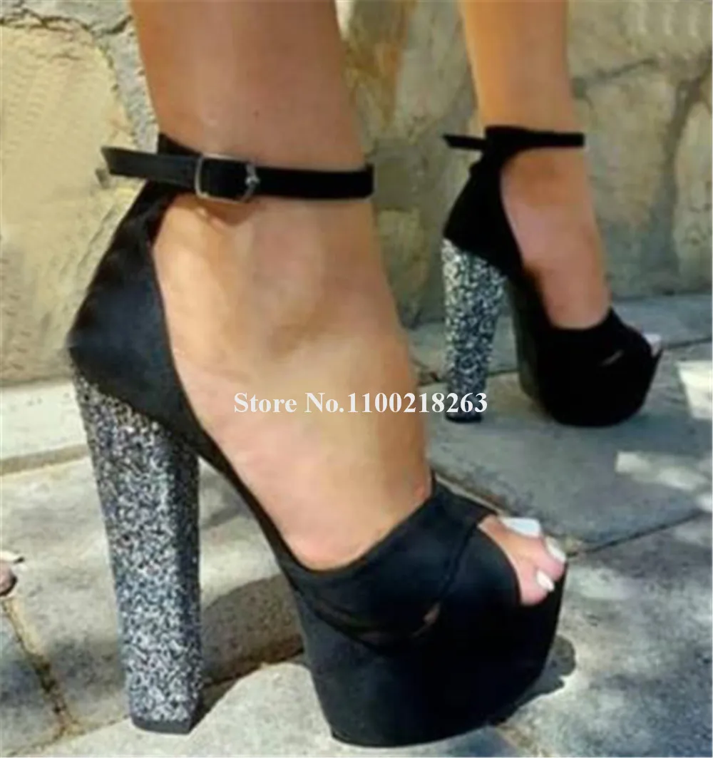 Newest Women Black Suede Patchwork Glitter Chunky Heel Sandals Elegant Open Toe Ankle Strap Sequined Thick Heel Dress Shoes