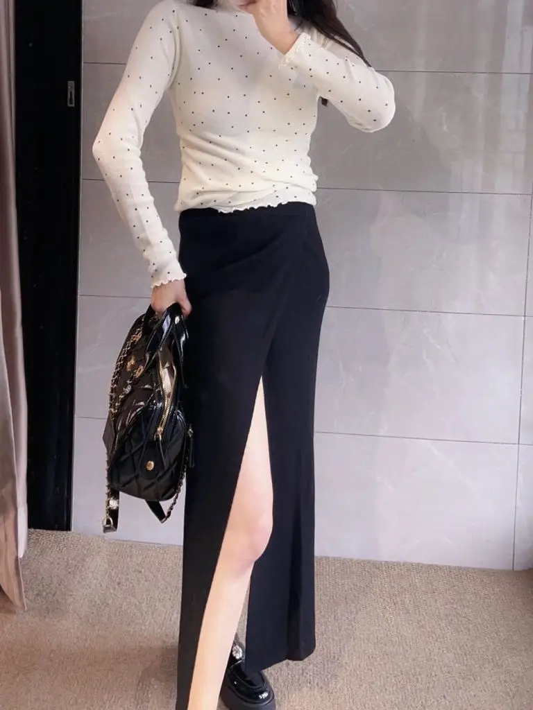 

Элегантная черная шерстяная юбка макси с высокой талией, романтичным разрезом, для офиса, стройнящая, в стиле принцесса