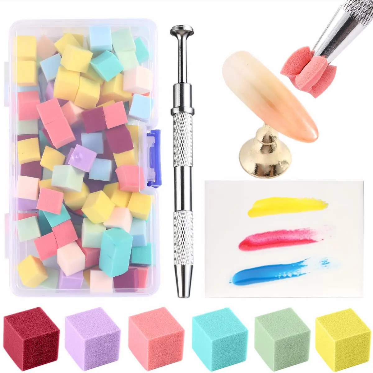 100 pieces of nail sponges, mini nail art sponges, with grip pen storage box, multi-color, professional tool accessories and sup
