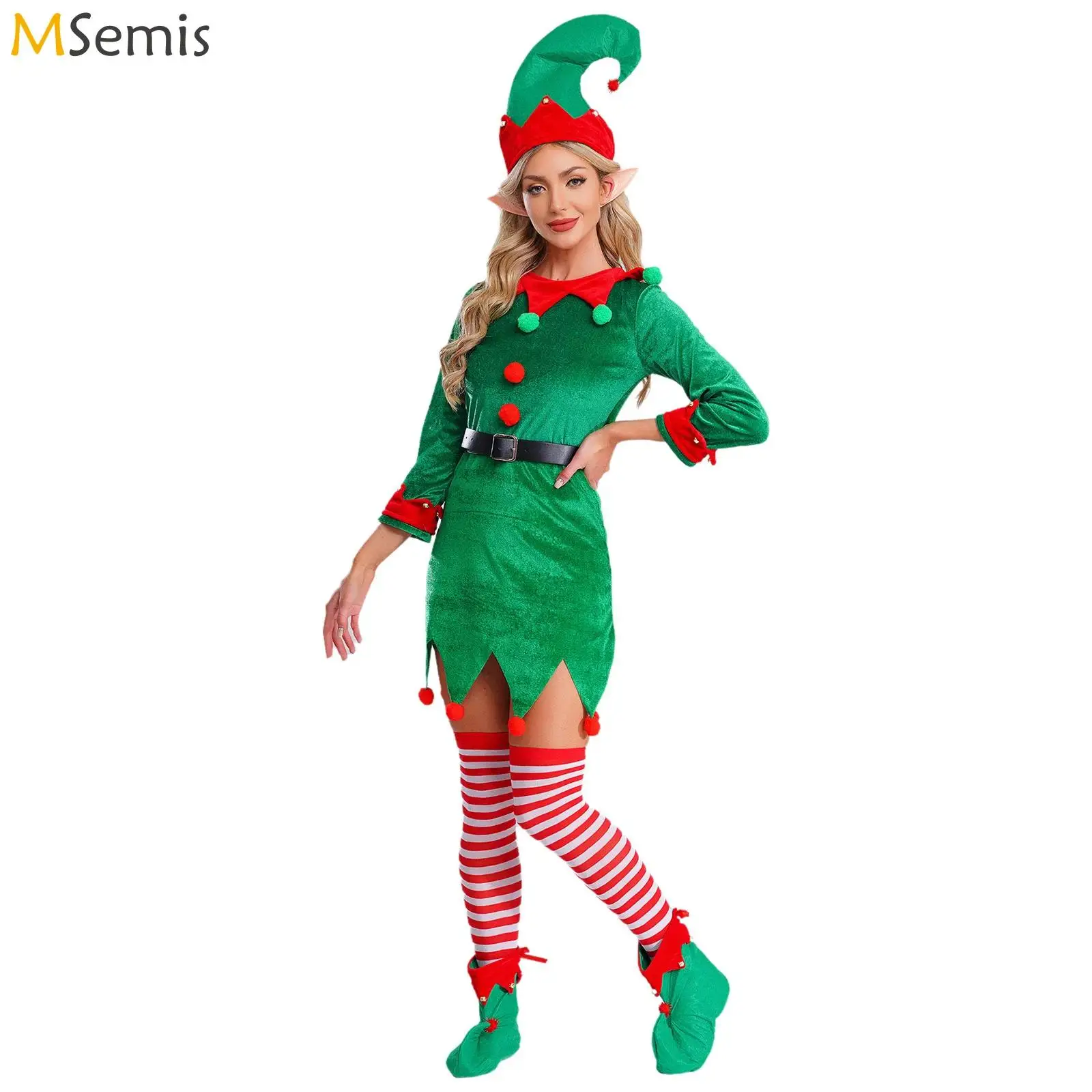 

Womens Christmas Elves Elf Xmas Cosplay Costume Green Themed Party Performance Dress with Belt Hat Shoes Stockings And Elf Ears