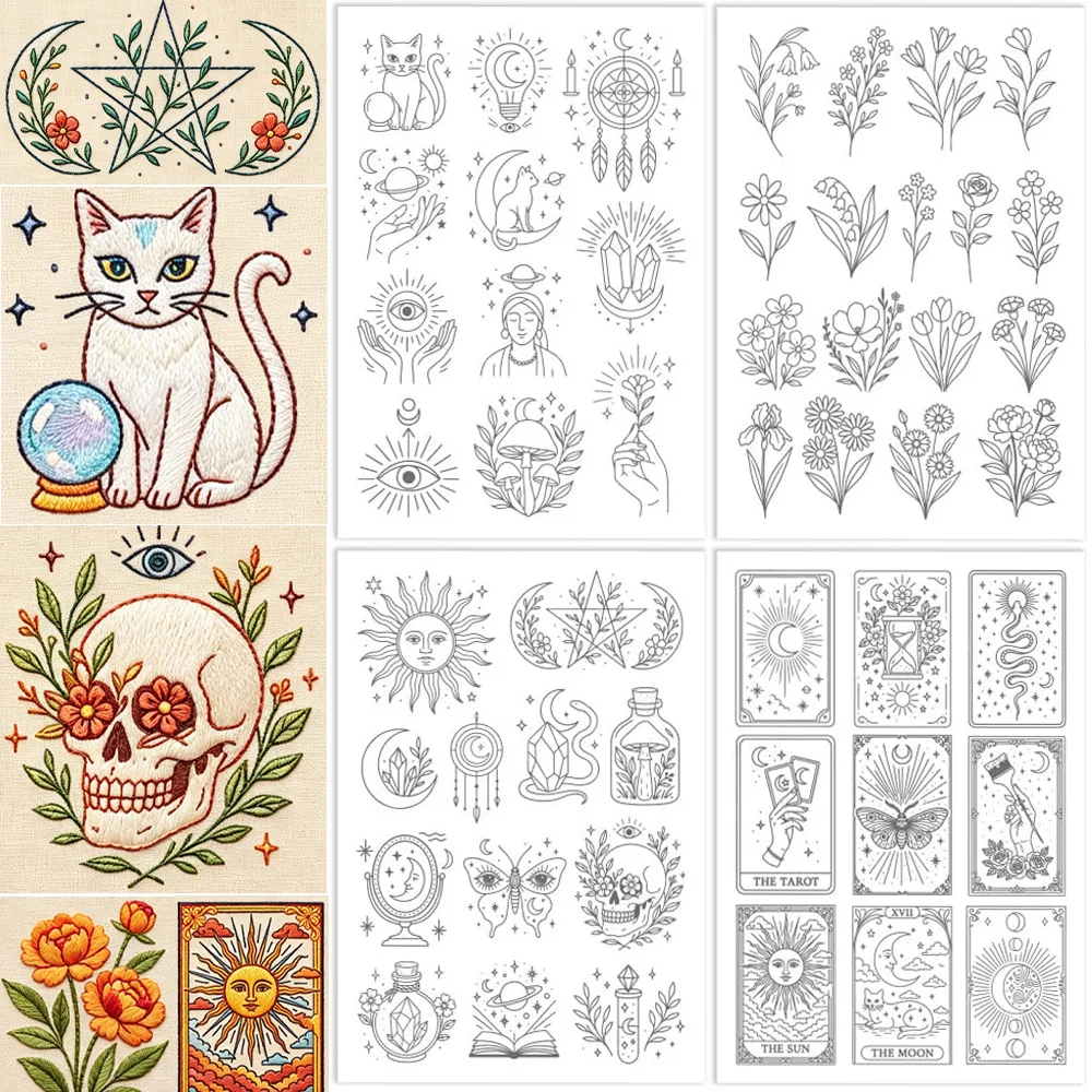 Mystical Divination Tarot & Floral Pre-Printed Stick and Stitch Embroidery Paper Water Soluble Stabilizers for Hand Sewing Craft