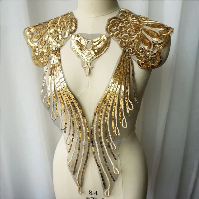 Apliques de encaje bordado, flor de lentejuelas doradas, vestido Noble de boda, costura de tela de tul negro, manualidades de decoración para vestido de novia DIY