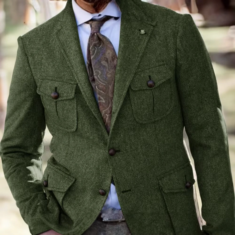 Retro Herringbone Men's Blazer Multi pocket hunting Mens Jacket Formal Office Casual Bussiness Wedding Sport Coats