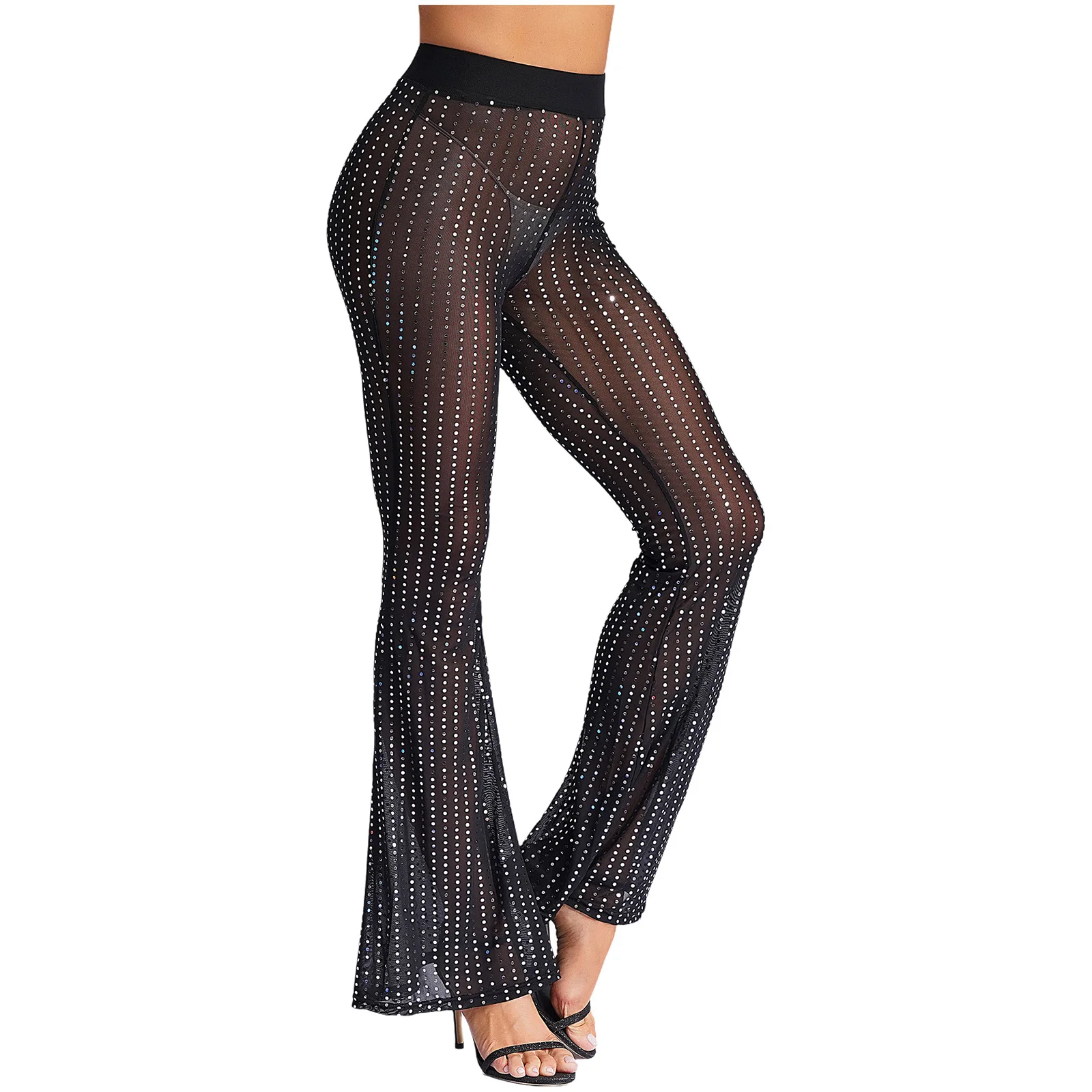 Fashion Black Sequined Mesh Flare Pants Full Length Transparent Sexy Party Thin Trousers Vintage Elegant Raves Party Bottoms