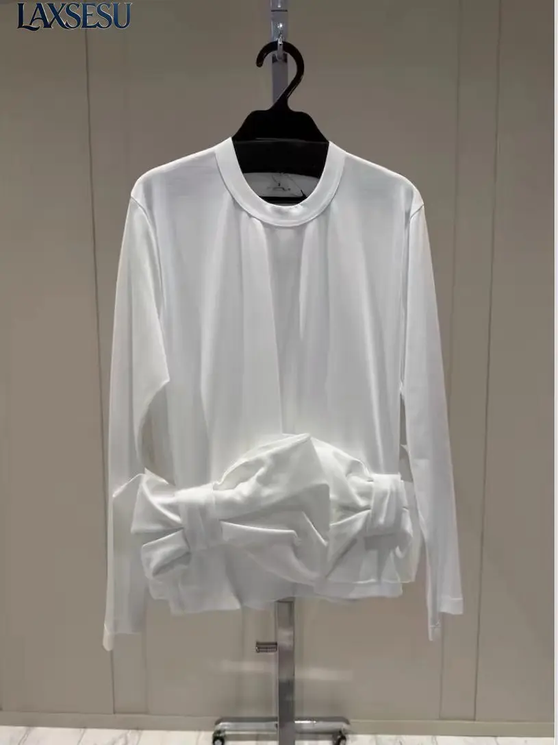 Round Neck Tees Design Sense Bow Long-sleeved Top Solid Color Bottoming Shirt Casual T Shirt Spring Autumn Women's T-shirts