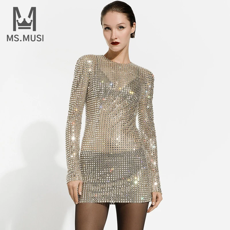 

MSMUSI 2024 New Fashion Women Sexy Diamond Crystal Sequins Lace Mesh Long Sleeve Bodycon Party Club Event Mini Dress Vestidos