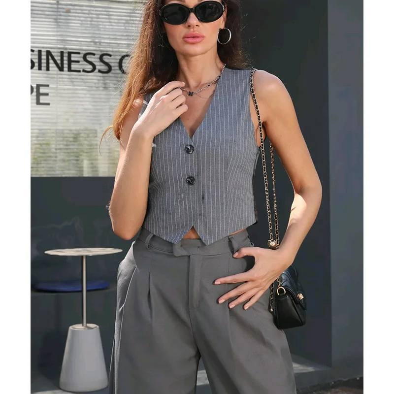 

Spring New Arrival Women's Casual Versatile Single-Button V-Ne Svel ort Striped Vest Tank Top Commute Polyester Fiber