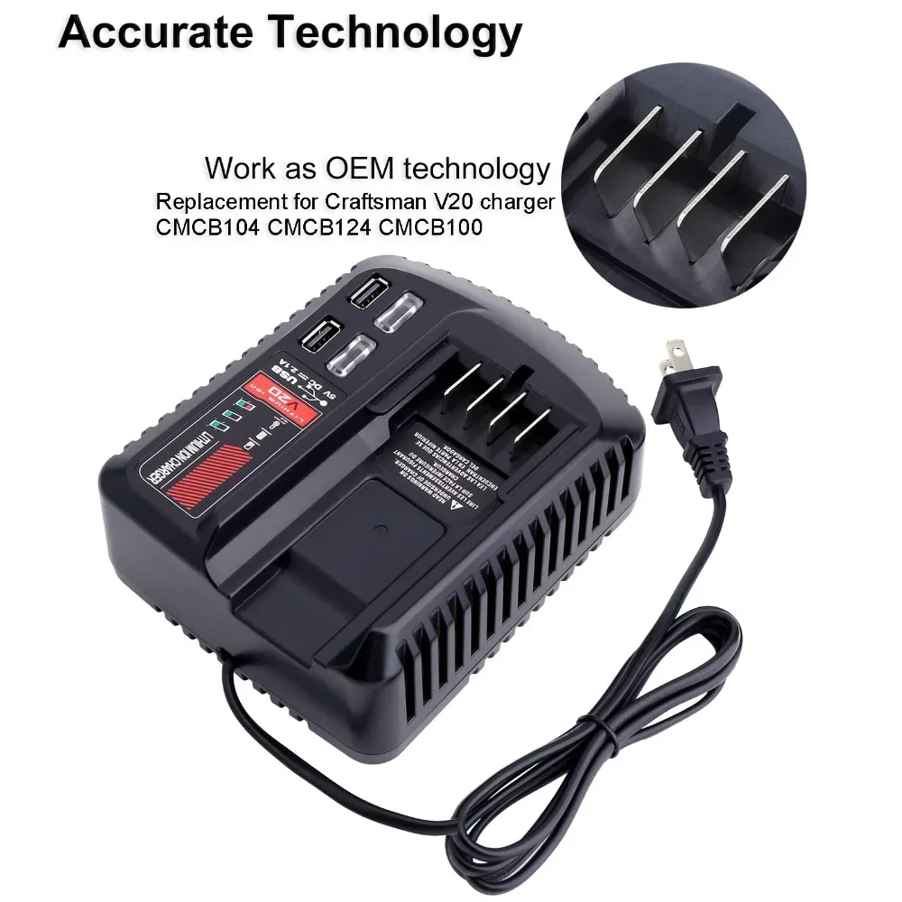 Compatible con baterías de litio Craftsman de 20 V CMCB202 CMCB204 CMCB102 Cargador de batería rápido de 20 V con 2 puertos USB