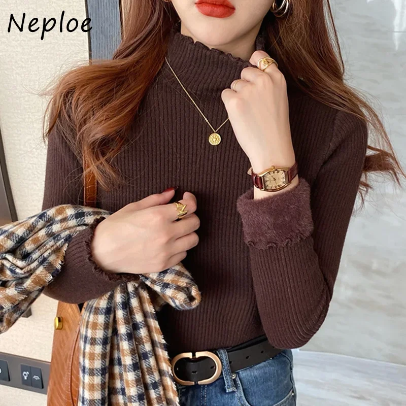 Neploe 2025 Jesienno-zimowa koszulka Mujer Sweter Y2k z golfem w jednolitym kolorze Swetry z długim rękawem Sweter z dzianiny Slim Pull Femme