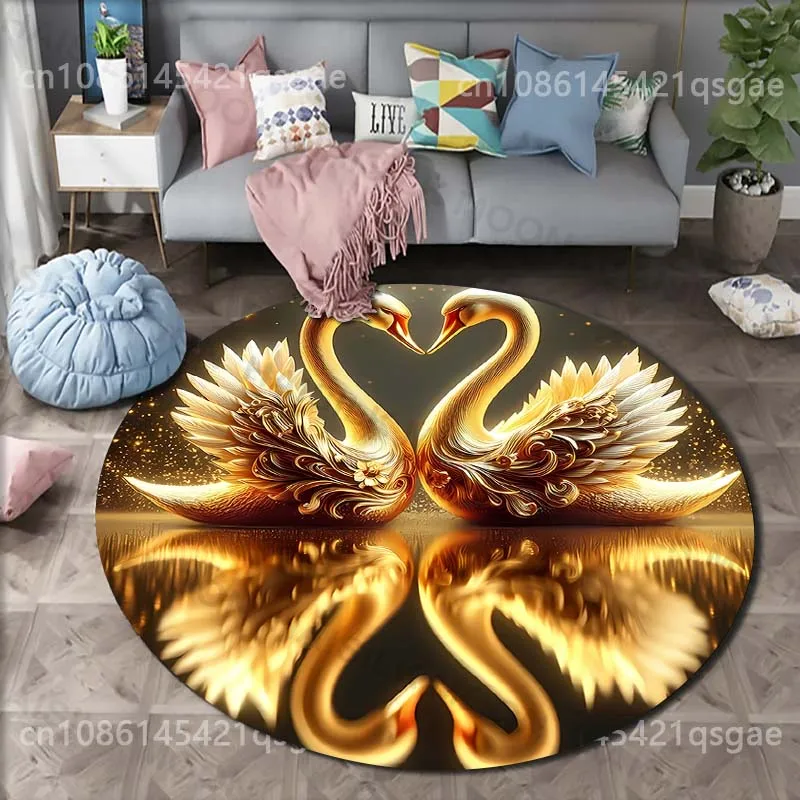Multiple sizes Two golden swans facing Print Round Carpet for Living Room Bedroom Sofa Table Floor Mat Area Rug Luxury Gift